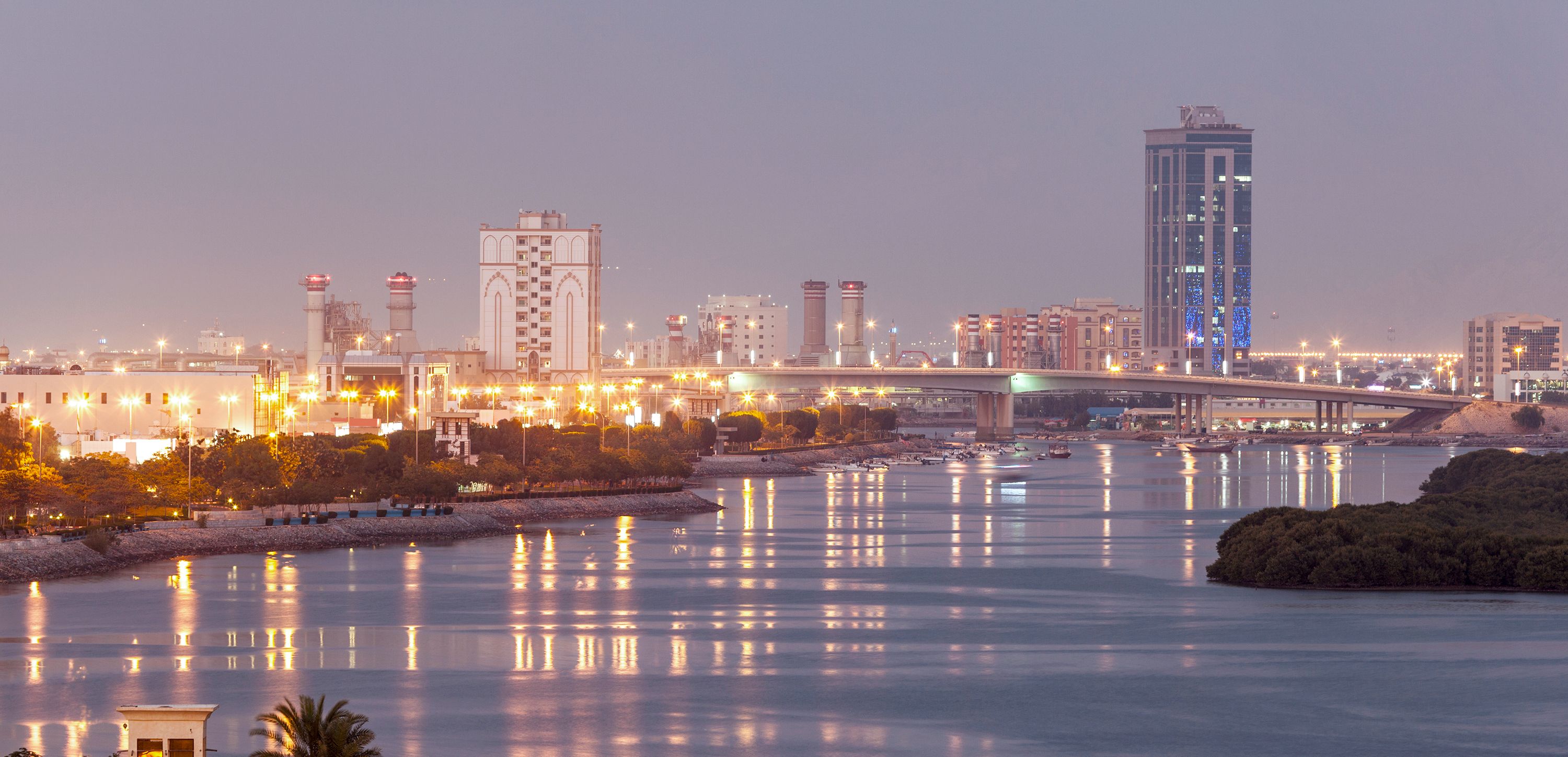 View of the creek in Ras Al Khaimah City at dusk